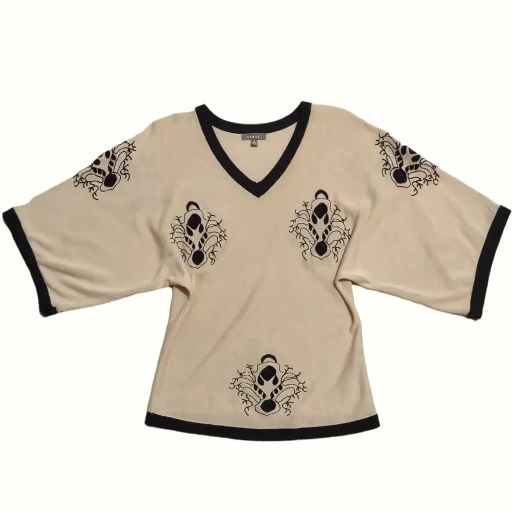 KENAR Kimono Style Sweater Top Tan & Black with Embroidered Size S Cozy Vintage